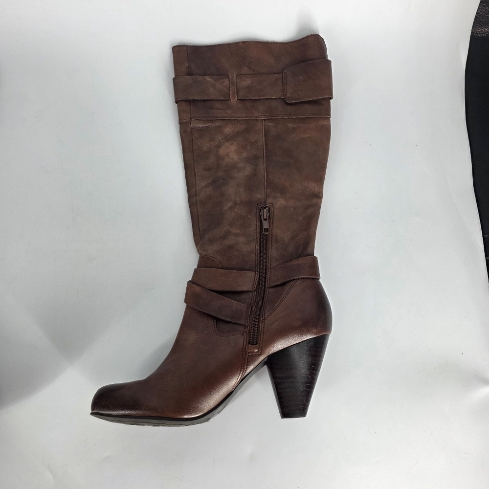 Arturo Chiang Leather Knee High Boots 8.5M Brown Block Heel Buckle Straps - Picture 5 of 9